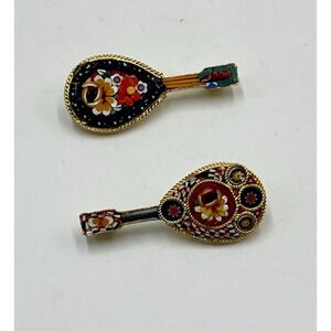 Vintage Italian Micro-mosaic‎ Floral mandolin set of two Pins Brooches